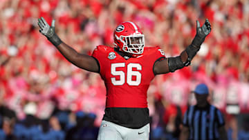 Oct 12, 2024; Athens, Georgia, USA; Georgia Bulldogs offensive lineman Micah Morris (56) celebrates after a touchdown against the Mississippi State Bulldogs in the second quarter at Sanford Stadium. Mandatory Credit: Brett Davis-Imagn Images
