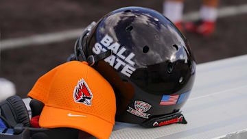 Sep 18, 2021; Laramie, Wyoming, USA; A general view of the Ball State Cardinals helmet during game against the Wyoming Cowboys at Jonah Field at War Memorial Stadium. Mandatory Credit: Troy Babbitt-Imagn Images