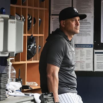 Jul 30, 2025; Bronx, New York, USA;  New York Yankees manager Aaron Boone (17) at Yankee Stadium. Mandatory Credit: Wendell Cruz-Imagn Images