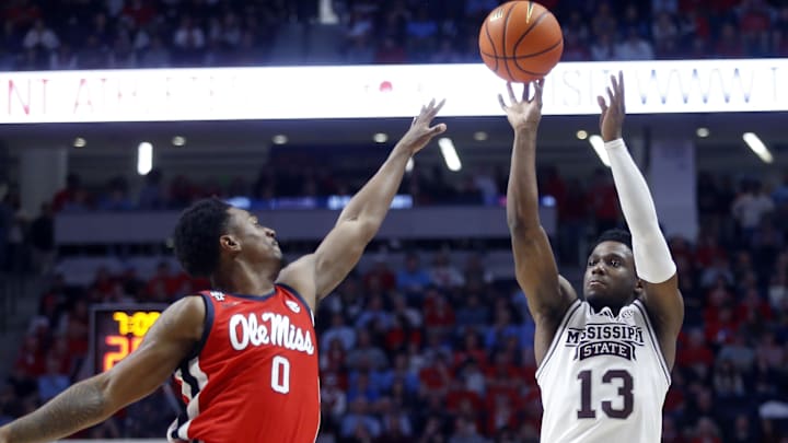 Jan 30, 2024; Oxford, Mississippi, USA; Mississippi State Bulldogs guard Josh Hubbard (13) shoots as