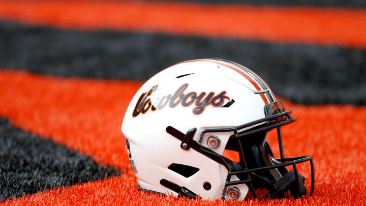 Sep 10, 2022; Stillwater, Oklahoma, USA;  An Oklahoma State helmet is seen before a game between the Oklahoma State Cowboys and Arizona State Sun Devils at Boone Pickens Stadium. Mandatory Credit: Bryan Terry-USA TODAY Sports