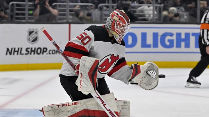 Mar 3, 2024; Los Angeles, California, USA; New Jersey Devils goaltender Nico Daws (50) makes a save in the second period against the Los Angeles Kings at Crypto.com Arena. Mandatory Credit: Jayne Kamin-Oncea-USA TODAY Sports