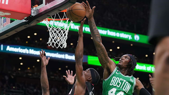 May 29, 2023; Boston, Massachusetts, USA; Boston Celtics center Robert Williams III (44) blocks Miami Heat forward Jimmy Butler (22)