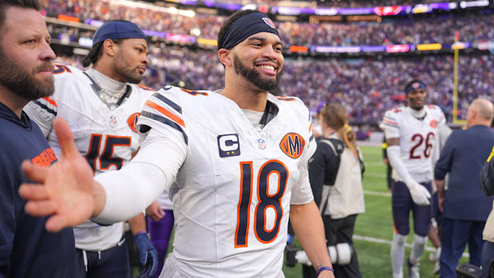 Nov 16, 2025; Minneapolis, Minnesota, USA; Chicago Bears quarterback Caleb Williams (18) greets a Minnesota Vikings player following a game at U.S. Bank Stadium. Nov 16, 2025; Minneapolis, Minnesota, USA; Chicago Bears quarterback Caleb Williams (18) greets a Minnesota Vikings player following a game at U.S. Bank Stadium.