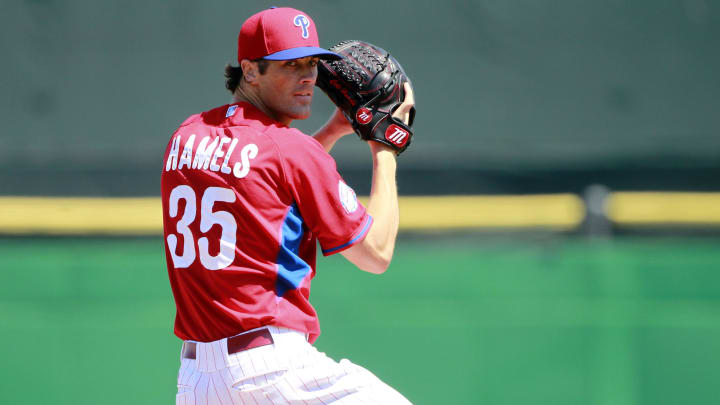 Mar 21, 2015; Clearwater, FL, USA;Philadelphia Phillies starting pitcher Cole Hamels (35) throws a warm up pitch against the Toronto Blue Jays at Bright House Field