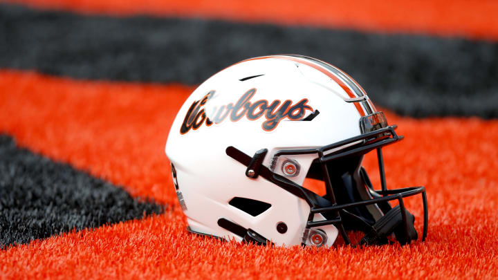 Sep 10, 2022; Stillwater, Oklahoma, USA;  An Oklahoma State helmet is seen before a game between the Oklahoma State Cowboys and Arizona State Sun Devils at Boone Pickens Stadium. Mandatory Credit: Bryan Terry-USA TODAY Sports