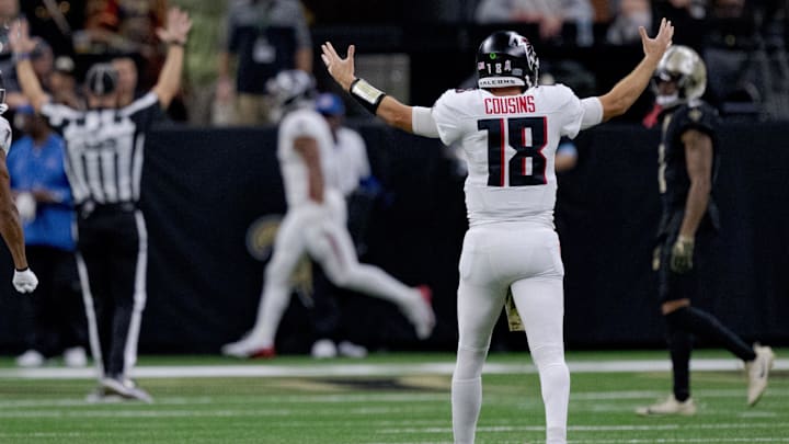Nov 10, 2024; New Orleans, Louisiana, USA; Atlanta Falcons quarterback Kirk Cousins (18) celebrates a touchdown by Atlanta Falcons running back Bijan Robinson (7) against the New Orleans Saints at Caesars Superdome. Mandatory Credit: Matthew Hinton-Imagn Images Nov 10, 2024; New Orleans, Louisiana, USA; Atlanta Falcons quarterback Kirk Cousins (18) celebrates a touchdown by Atlanta Falcons running back Bijan Robinson (7) against the New Orleans Saints at Caesars Superdome. Mandatory Credit: Matthew Hinton-Imagn Images