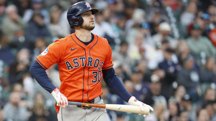 May 10, 2024; Detroit, Michigan, USA;  Houston Astros right fielder Kyle Tucker (30) hits a home run in the sixth inning against the Detroit Tigers at Comerica Park