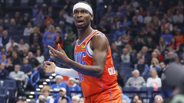 Dec 11, 2023; Oklahoma City, Oklahoma, USA; Oklahoma City Thunder guard Shai Gilgeous-Alexander (2) reacts to an official   s call during the first quarter against the Utah Jazz at Paycom Center. Mandatory Credit: Alonzo Adams-USA TODAY Sports