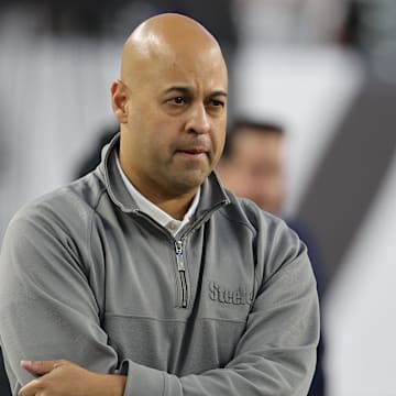 Oct 16, 2025; Cincinnati, Ohio, USA; Pittsburgh Steelers general manager Omar Khan looks on during warmups before the game against the Cincinnati Bengals at  Paycor Stadium. Mandatory Credit: Joseph Maiorana-Imagn Images