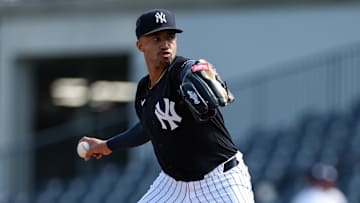 Feb 14, 2025; Tampa, FL, USA; New York Yankees relief pitcher Devin Williams (38) participates in spring training workouts at George M. Steinbrenner Field. Mandatory Credit: Nathan Ray Seebeck-Imagn Images