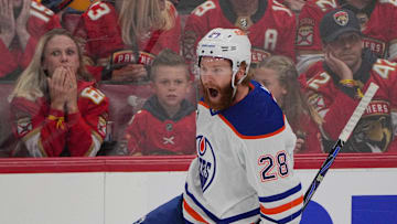 Edmonton Oilers forward Connor Brown (28) celebrates scoring a shorthanded goal against Florida Panthers