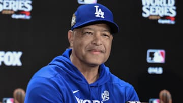 Oct 27, 2024; New York, NY, USA; Los Angeles Dodgers Manager Dave Roberts speaks at a press conference prior to game three of the World Series against the New York Yankees at Yankees Stadium. Mandatory Credit: John Jones-Imagn Images