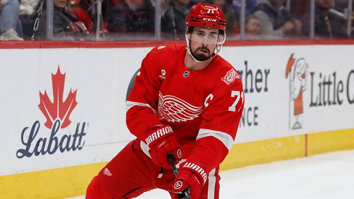 Apr 7, 2026; Detroit, Michigan, USA;  Detroit Red Wings center Dylan Larkin (71) skates with the puck in the first period against the Columbus Blue Jackets at Little Caesars Arena.