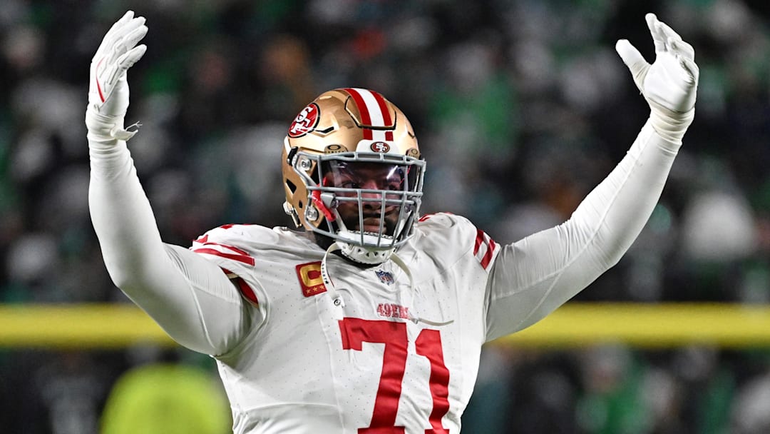 Jan 11, 2026; Philadelphia, PA, USA; San Francisco 49ers offensive tackle Trent Williams (71) celebrates win against the Philadelphia Eagles in an NFC Wild Card Round game at Lincoln Financial Field. Mandatory Credit: Eric Hartline-Imagn Images