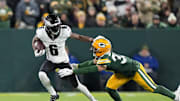 Nov 10, 2025; Green Bay, Wisconsin, USA; Philadelphia Eagles wide receiver DeVonta Smith (6) runs after the catch against the Green Bay Packers in the first half at Lambeau Field. Mandatory Credit: Jeff Hanisch-Imagn Images