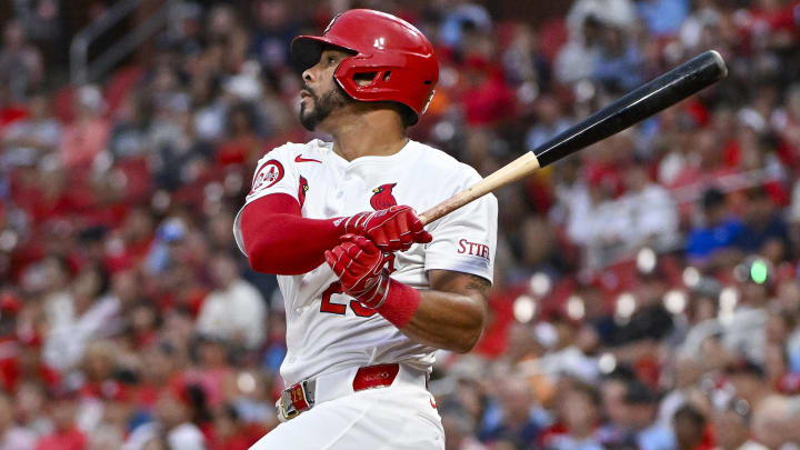 Aug 6, 2024; St. Louis, Missouri, USA;  St. Louis Cardinals left fielder Tommy Pham (29) hits a two run home run against the Tampa Bay Rays during the second inning at Busch Stadium. Mandatory Credit: Jeff Curry-USA TODAY Sports