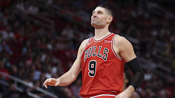 Nov 24, 2021; Houston, Texas, USA; Chicago Bulls center Nikola Vucevic (9) reacts during the game against the Houston Rockets at Toyota Center. Mandatory Credit: Troy Taormina-Imagn Images