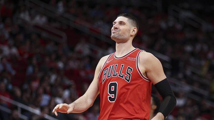 Nov 24, 2021; Houston, Texas, USA; Chicago Bulls center Nikola Vucevic (9) reacts during the game against the Houston Rockets at Toyota Center. Mandatory Credit: Troy Taormina-Imagn Images