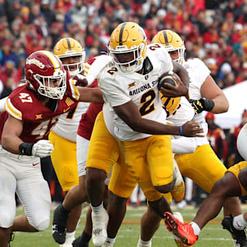 Nov 1, 2025; Ames, Iowa, USA; Iowa State Cyclones linebacker Kooper Ebel (47)  looks to tackle  Arizona State Sun Devils quarterback Jeff Sims (2) during the first half at Jack Trice Stadium. Mandatory Credit: Reese Strickland-Imagn Images