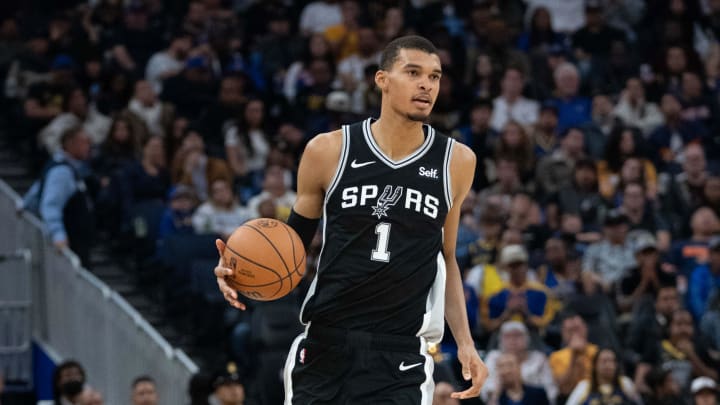 October 20, 2023; San Francisco, California, USA; San Antonio Spurs center Victor Wembanyama (1) dribbles the basketball during the second quarter against the Golden State Warriors at Chase Center. Mandatory Credit: Kyle Terada-USA TODAY Sports