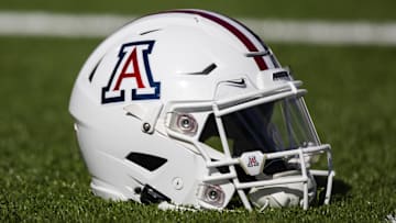 Nov 25, 2022; Tucson, Arizona, USA; Detailed view of an Arizona Wildcats helmet on the field during the Territorial Cup at Arizona Stadium. Mandatory Credit: Mark J. Rebilas-Imagn Images