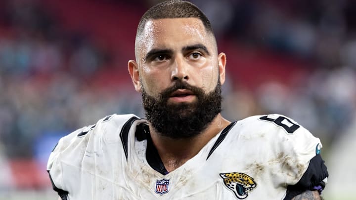 Nov 23, 2025; Glendale, Arizona, USA; Jacksonville Jaguars offensive lineman Patrick Mekari (65) against the Arizona Cardinals at State Farm Stadium. 