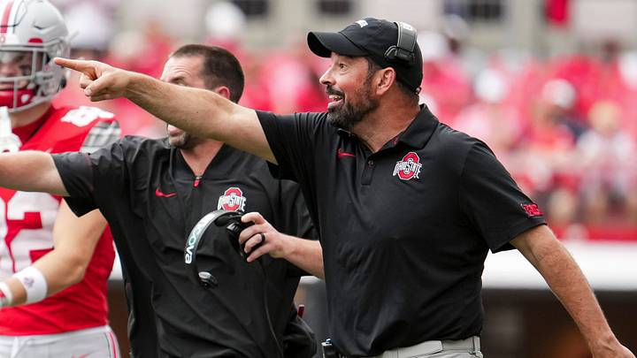 Ohio State Buckeyes head coach Ryan Day motions during the NCAA football game against the Kent State Golden Flashes at Ohio Stadium in Columbus on Sept. 19, 2026. Ohio State won 59-3.