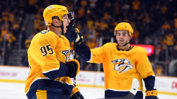 Nov 27, 2019; Nashville, TN, USA; Nashville Predators center Matt Duchene (95) celebrates after a goal during the third period against the Vegas Golden Knights at Bridgestone Arena. Mandatory Credit: Christopher Hanewinckel-USA TODAY Sports