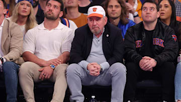 May 19, 2024; New York, New York, USA; New York Knicks executive chairman James Dolan sits court side during the first quarter of game seven of the second round of the 2024 NBA playoffs against the Indiana Pacers at Madison Square Garden. Mandatory Credit: Brad Penner-Imagn Images