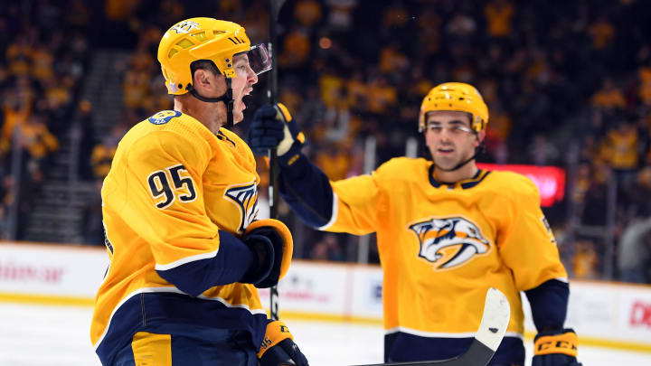 Nov 27, 2019; Nashville, TN, USA; Nashville Predators center Matt Duchene (95) celebrates after a goal during the third period against the Vegas Golden Knights at Bridgestone Arena. Mandatory Credit: Christopher Hanewinckel-USA TODAY Sports