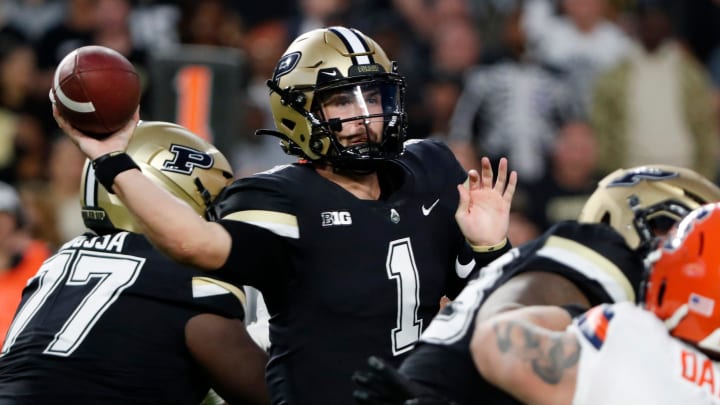 Purdue Boilermakers quarterback Hudson Card (1) passes the ball 