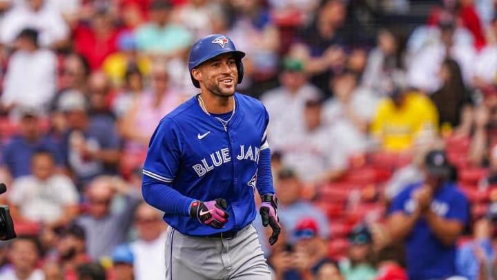 Toronto Blue Jays right fielder George Springer (4) reacts after hitting a home run on Aug 26.