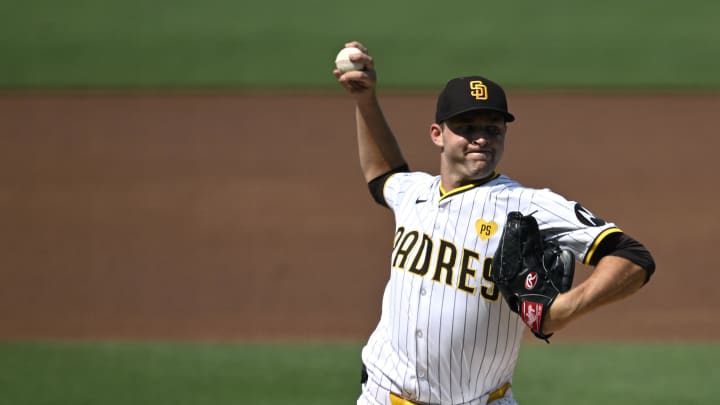 Jul 10, 2024; San Diego, California, USA; San Diego Padres starting pitcher Michael King (34) pitches against the Seattle Mariners during the first inning at Petco Park. Mandatory Credit: Orlando Ramirez-USA TODAY Sports