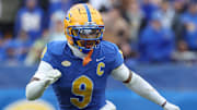 Nov 29, 2025; Pittsburgh, Pennsylvania, USA; Pittsburgh Panthers linebacker Kyle Louis (9) in pass coverage  against the Miami Hurricanes during the third quarter at Acrisure Stadium. Mandatory Credit: Charles LeClaire-Imagn Images