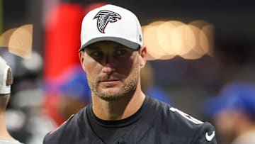 Aug 23, 2024; Atlanta, Georgia, USA; Atlanta Falcons quarterback Kirk Cousins (18) on the sideline against the Jacksonville Jaguars in the second half at Mercedes-Benz Stadium. Mandatory Credit: Brett Davis-Imagn Images
