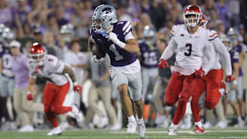Kansas State Wildcats wide receiver Jayce Brown (1) runs the ball during the third quarter of the game against Arizona at Bill Snyder Family Stadium on Friday, September 13, 2024.