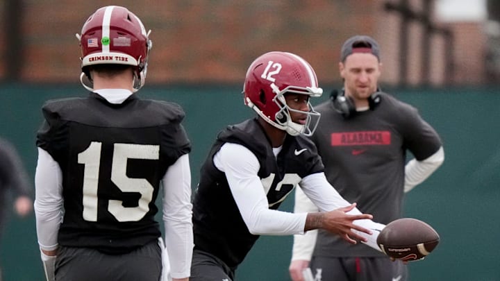 Mar 5, 2025; Tuscaloosa, AL, USA; Quarterback Keelon Russell (12) works a drill during Spring Practice for the Crimson Tide.
