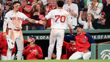Jun 16, 2024; Boston, Massachusetts, USA; Boston Red Sox left fielder Jarren Duran (16) and manager Alex Cora (13) react to shortstop David Hamilton (70) scoring a run against the New York Yankees during the eighth inning at Fenway Park. Mandatory Credit: Eric Canha-USA TODAY Sports