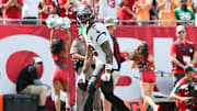Sep 28, 2025; Tampa, Florida, USA; Tampa Bay Buccaneers wide receiver Emeka Egbuka (2) runs the ball during the second half against the Philadelphia Eagles  at Raymond James Stadium. Mandatory Credit: Kim Klement Neitzel-Imagn Images