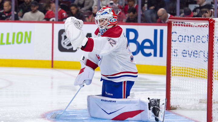 Mar 11, 2026; Ottawa, Ontario, CAN; Montreal Canadiens goalie Jacob Fowler (32) warms up prior to the start of game against the Ottawa Senators at the Canadian Tire Centre. Mandatory Credit: Marc DesRosiers-IMAGN Images