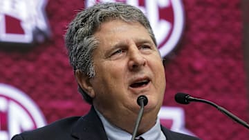 Jul 19, 2022; Atlanta, GA, USA; Mississippi State head coach Mike Leach shown on the stage during SEC Media Days at the College Football Hall of Fame. Mandatory Credit: Dale Zanine-Imagn Images