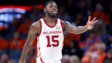 Oklahoma Sooners guard Duke Miles (15) celebrates during a men's college Bedlam basketball game between the University of Oklahoma Sooners (OU) and the Oklahoma State University Cowboys (OSU) at Paycom Center in Oklahoma City, Saturday, Dec. 14, 2024. Oklahoma won 80-65.