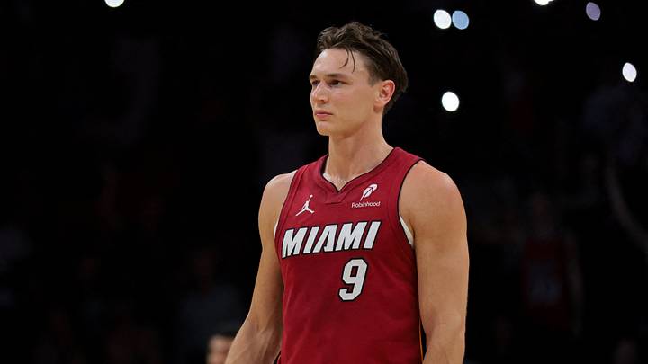 Miami Heat guard Pelle Larsson (9) looks on  (Mandatory Credit: Sam Navarro-Imagn Images)