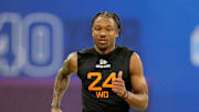 Oregon wideout Tez Johnson during the NFL Combine at Lucas Oil Stadium.
