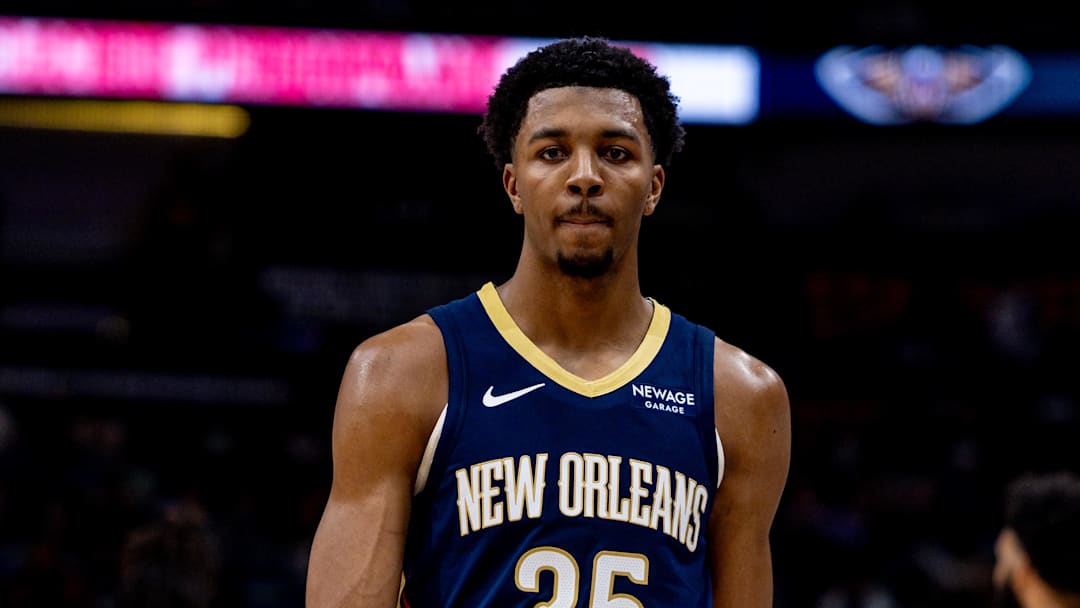 Feb 23, 2025; New Orleans, Louisiana, USA;  New Orleans Pelicans guard Trey Murphy III (25) looks on against the San Antonio Spurs during the first half at Smoothie King Center. Mandatory Credit: Stephen Lew-Imagn Images