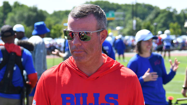 Jul 23, 2025; Rochester, NY, USA; Buffalo Bills general manager Brandon Beane on the field during training camp at St. John Fisher University. Mandatory Credit: Mark Konezny-Imagn Images