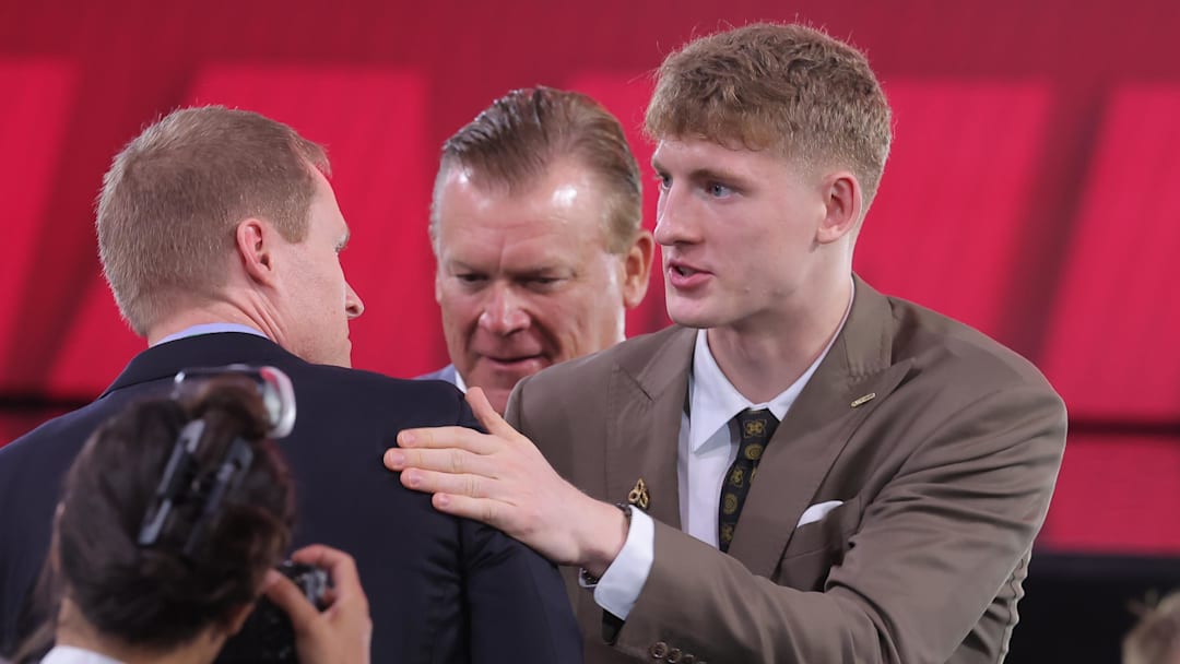 Jun 25, 2025; Brooklyn, NY, USA; Kasparas Jakucionis reacts after being selected as the 20th pick by the Miami Heat in the first round of the 2025 NBA Draft at Barclays Center. Mandatory Credit: Brad Penner-Imagn Images Jun 25, 2025; Brooklyn, NY, USA; Kasparas Jakucionis reacts after being selected as the 20th pick by the Miami Heat in the first round of the 2025 NBA Draft at Barclays Center. Mandatory Credit: Brad Penner-Imagn Images