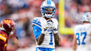 Detroit Lions wide receiver Jameson Williams (1) celebrates against first down against Washington Commanders during the first half at Northwest Stadium in Landover, Md. on Sunday, November 9, 2025.