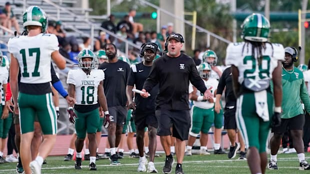 The Naples Golden Eagles compete against the Venice Indians in a spring football game at Staver Field in Naples, Fla., on Tue